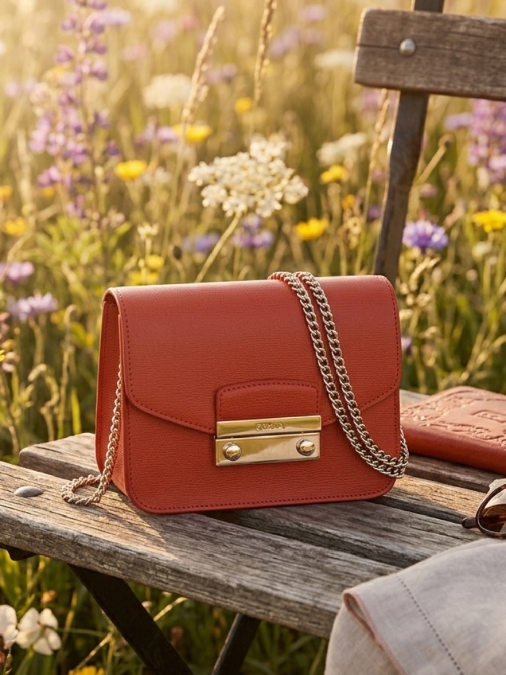 NEW Furla Mini Julia Chain Maple Orange Saffiano Leather Crossbody/Shoulder Bag